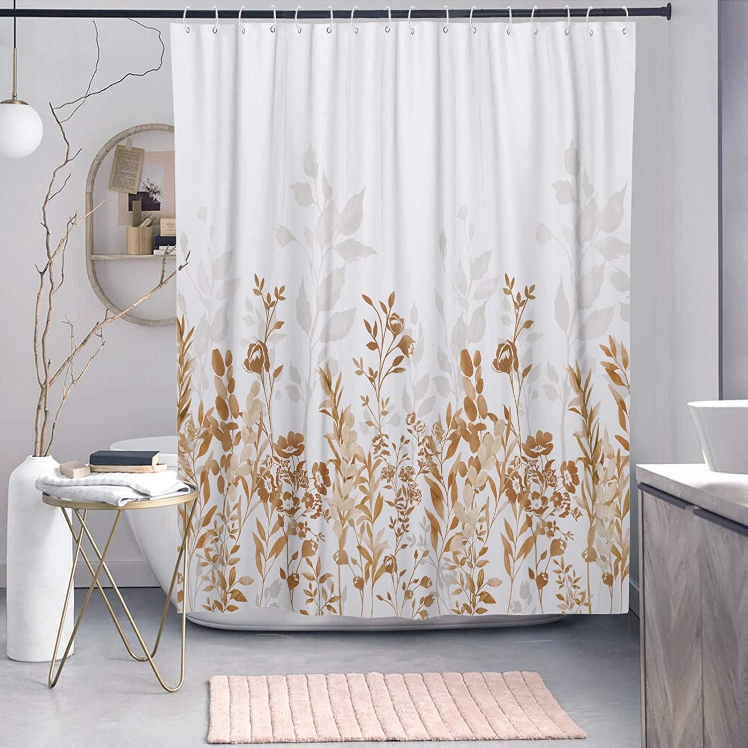 Watercolor Floral Shower Curtain Yellow And White Brown Grey Bathroom - Image 4