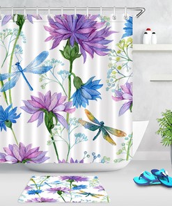 Watercolor Flower Blossom Dragonfly Waterproof Shower Curtain for a Serene and Charming Bathroom