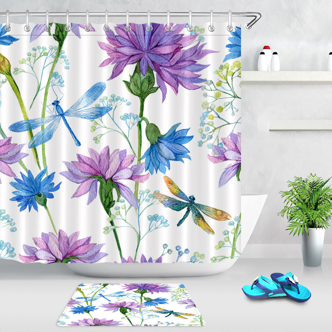 Watercolor Flower Blossom Dragonfly Waterproof Shower Curtain for a Serene and Charming Bathroom