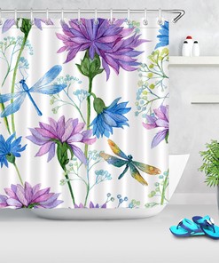 Watercolor Flower Blossom Dragonfly Waterproof Shower Curtain for a Serene and Charming Bathroom