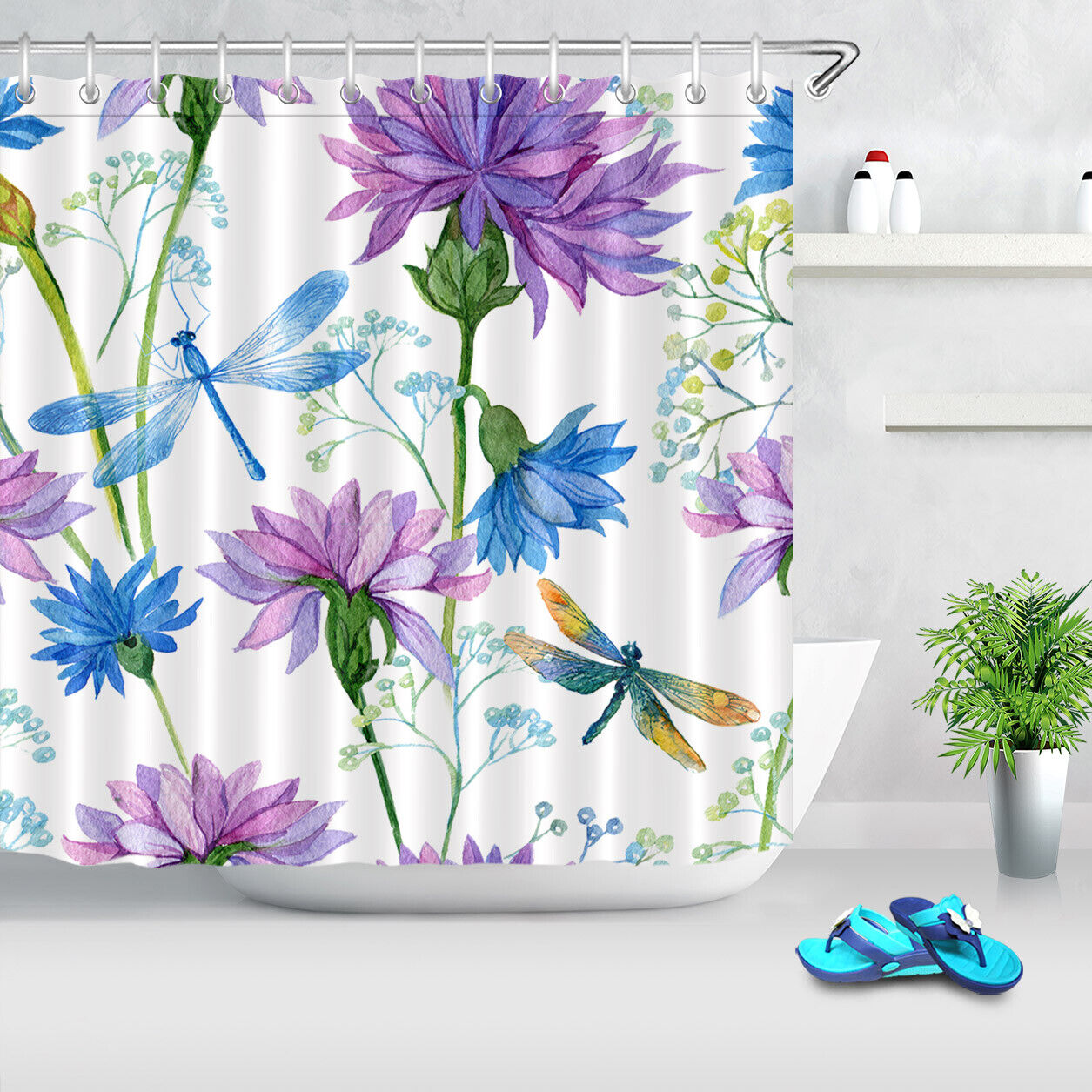 Watercolor Flower Blossom Dragonfly Waterproof Shower Curtain for a Serene and Charming Bathroom