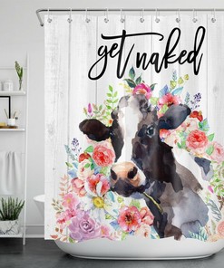 Watercolor Flower Cow Rustic Board Shower Curtain for Farmhouse Bathroom Decor