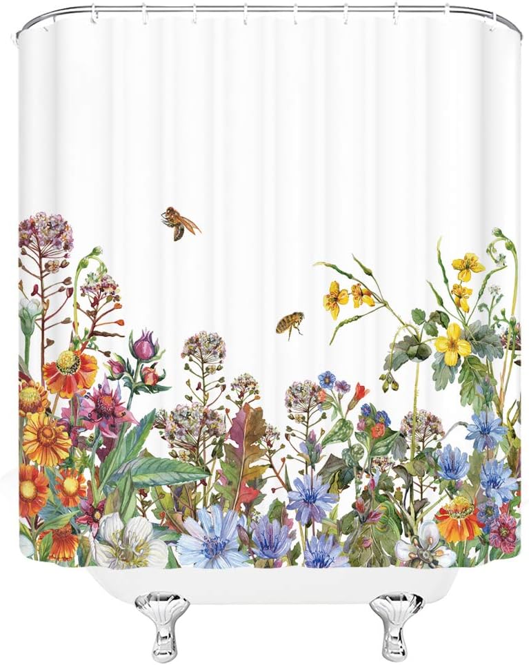 Watercolor Flower Decor Shower Curtain with Colorful Wildflowers Design