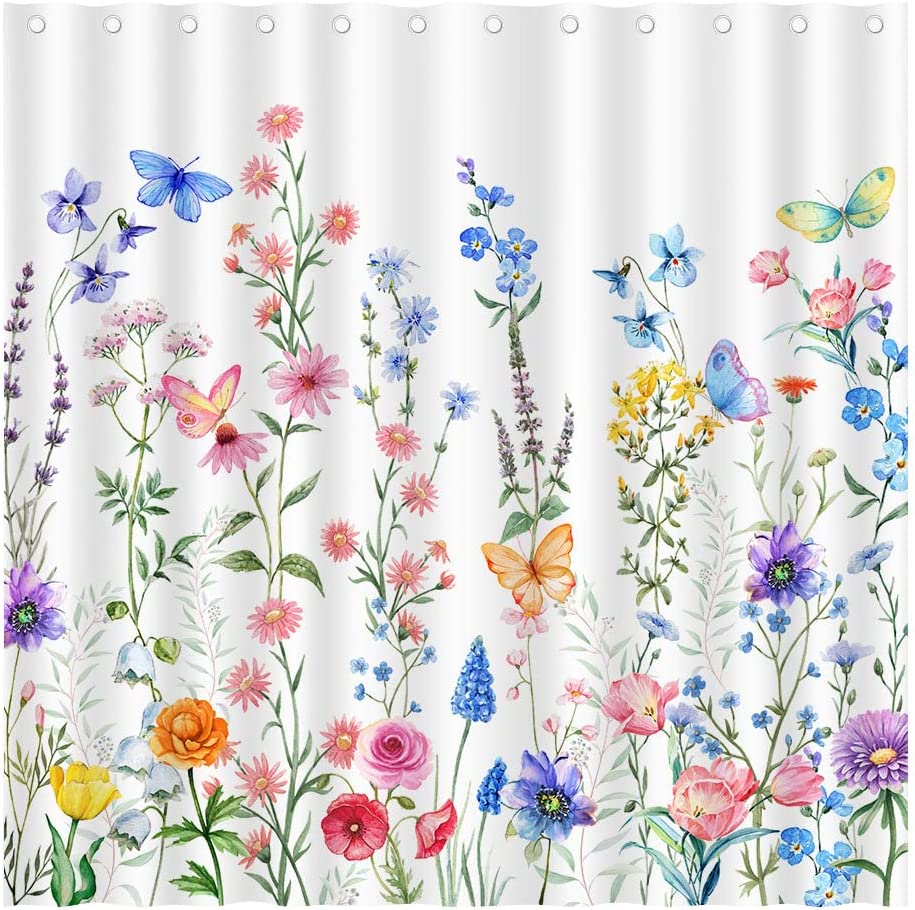 Watercolor Flower Fabric Shower Curtain With Colorful Floral Print, Perfect Bathroom Accessory For Wildflower Lovers