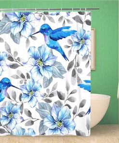 Watercolor Flower Orchid Blue Birds Shower Curtain With Leaf Pattern