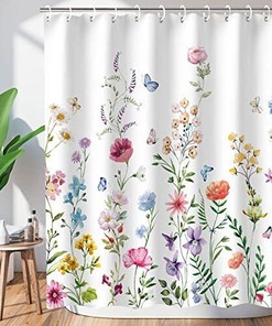 Watercolor Flower Shower Curtain - Floral Bathroom Curtain with Pink and Purple Blossom Design