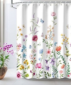 Watercolor Flower Shower Curtain - Floral Bathroom Curtain with Pink and Purple Blossom Design