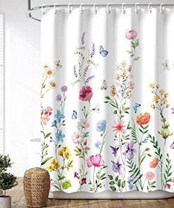 Watercolor Flower Shower Curtain - Floral Bathroom Curtain with Pink and Purple Blossom Design