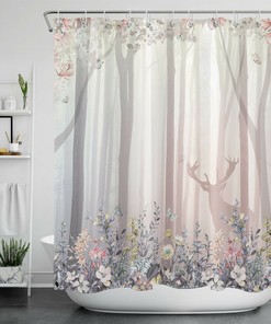 Watercolor Flower Shower Curtain Forest Floral Wild Animals Deer Bathroom, an Enchanting Addition