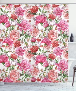 Watercolor Flower Shower Curtain, Victorian Peonies And Roses Print, Cloth Fabric Bathroom Decor, Pink And White