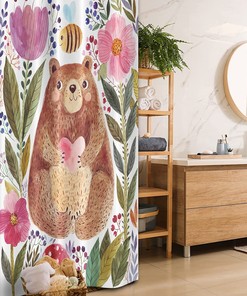 Watercolor Flower Stall Shower Curtain, Nature Bear And Bee Illustration, Fabric Bathroom Decor, Reseda Green And Pink