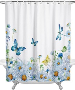 Watercolor Flowers, Butterfly, and Dragonfly Shower Curtain for Home Bath Decor, Fabric Bathroom Curtain