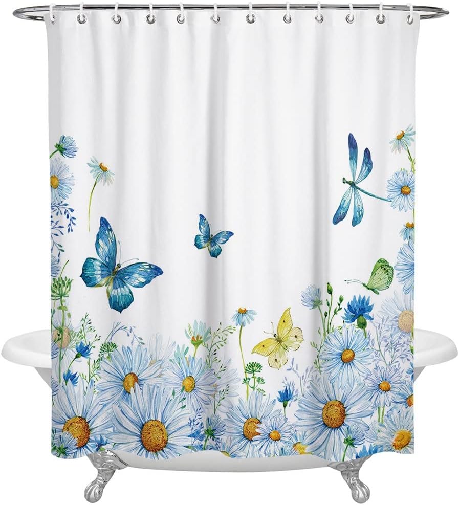 Watercolor Flowers, Butterfly, and Dragonfly Shower Curtain for Home Bath Decor, Fabric Bathroom Curtain