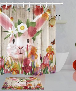 Watercolor Flowers Easter Rabbit And Eggs On Wood Plank Shower Curtain For Bathroom Decor