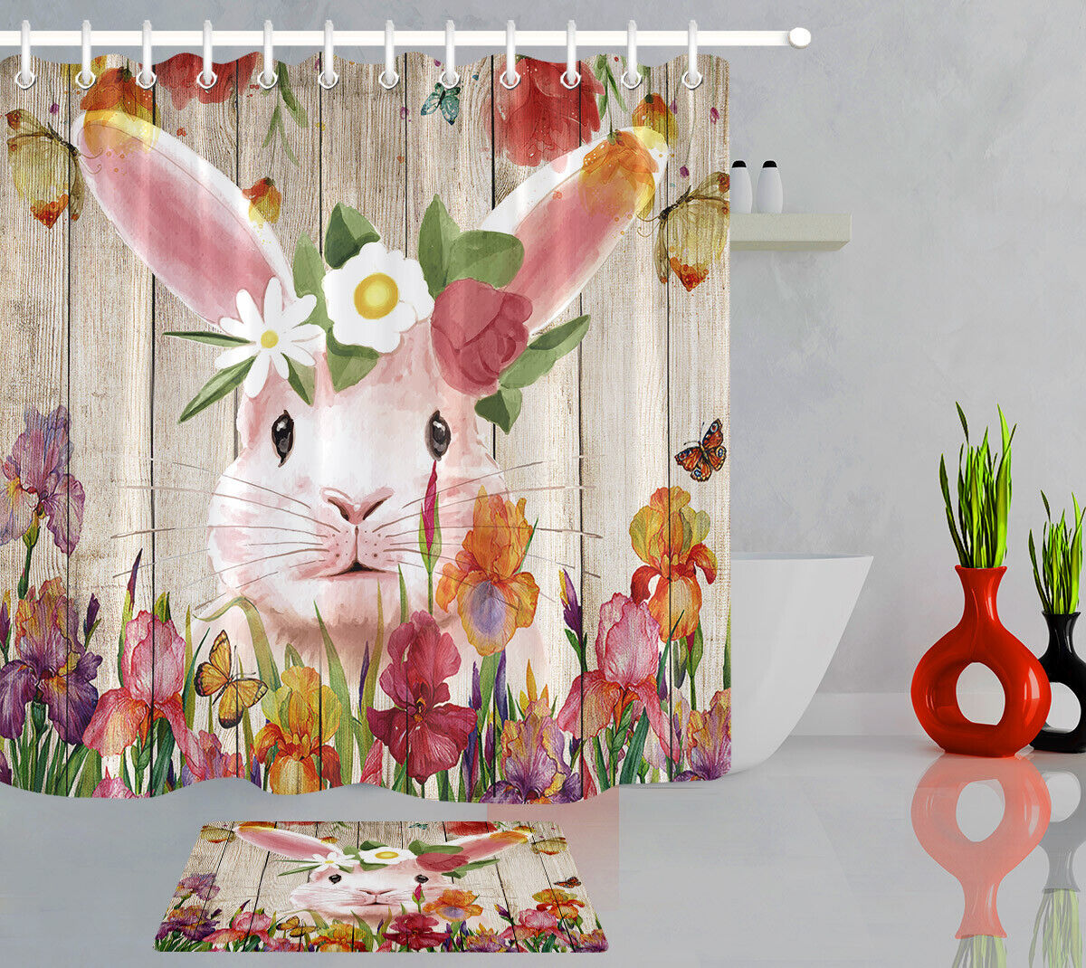 Watercolor Flowers Easter Rabbit And Eggs On Wood Plank Shower Curtain For Bathroom Decor