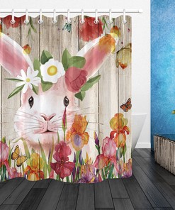 Watercolor Flowers Easter Rabbit And Eggs On Wood Plank Shower Curtain For Bathroom Decor