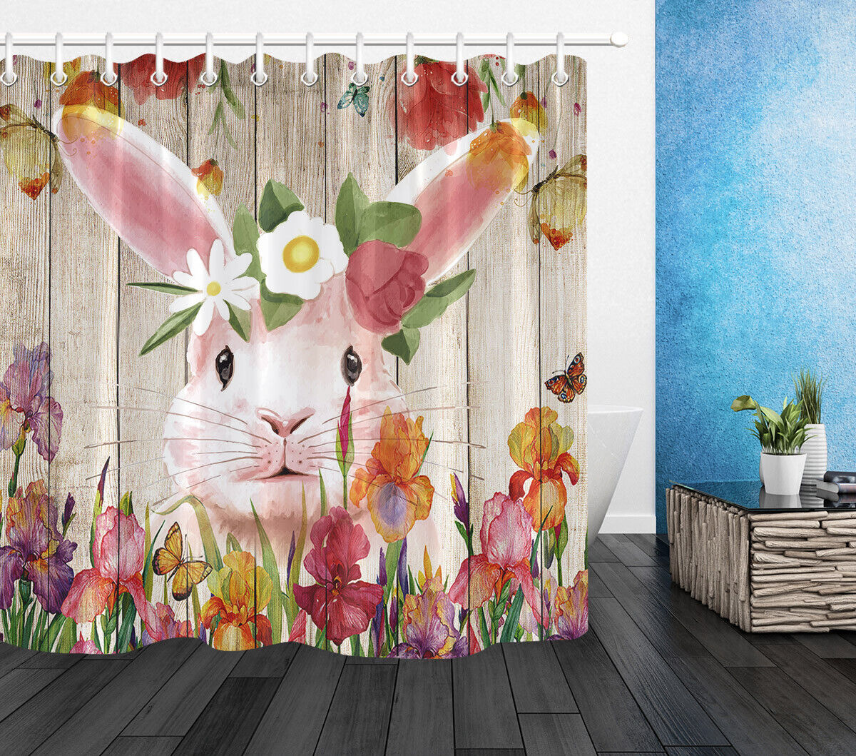 Watercolor Flowers Easter Rabbit And Eggs On Wood Plank Shower Curtain For Bathroom Decor