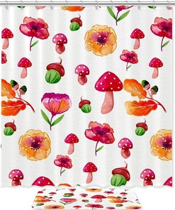 Watercolor Flowers and Mushrooms Shower Curtain, Botanical Bathroom Decor