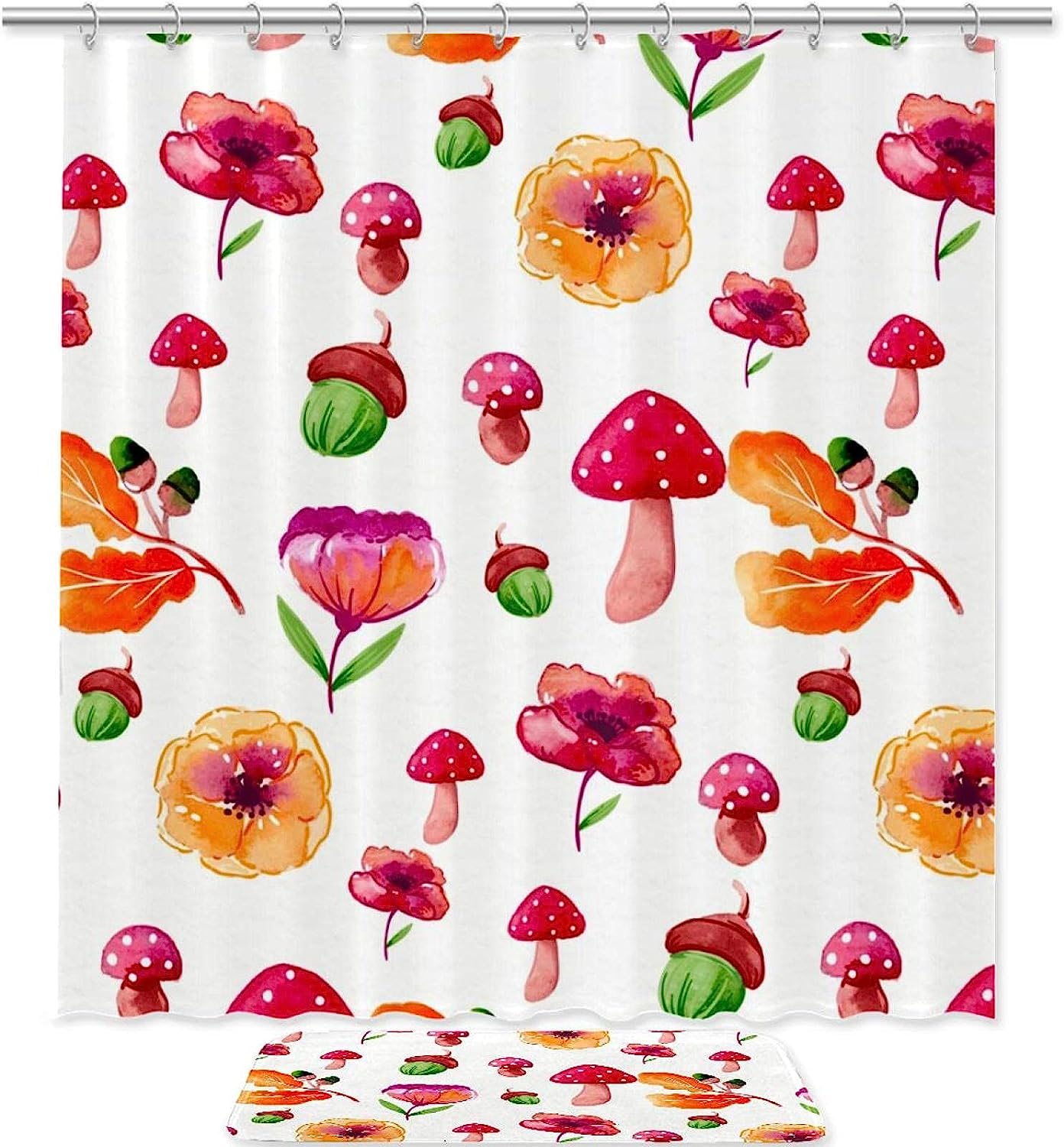 Watercolor Flowers and Mushrooms Shower Curtain, Botanical Bathroom Decor