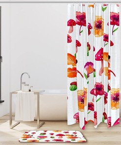 Watercolor Flowers and Mushrooms Shower Curtain, Botanical Bathroom Decor