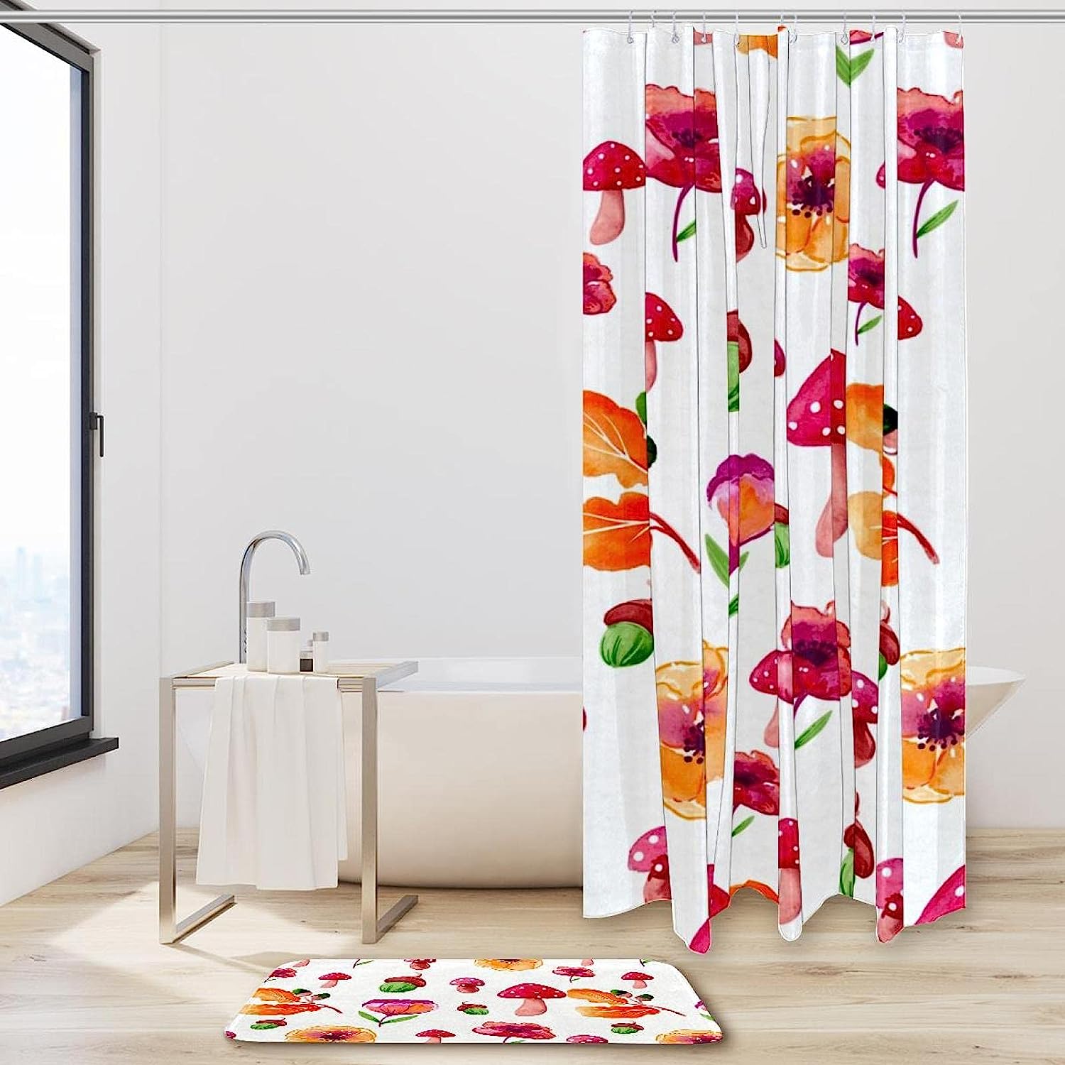 Watercolor Flowers and Mushrooms Shower Curtain, Botanical Bathroom Decor