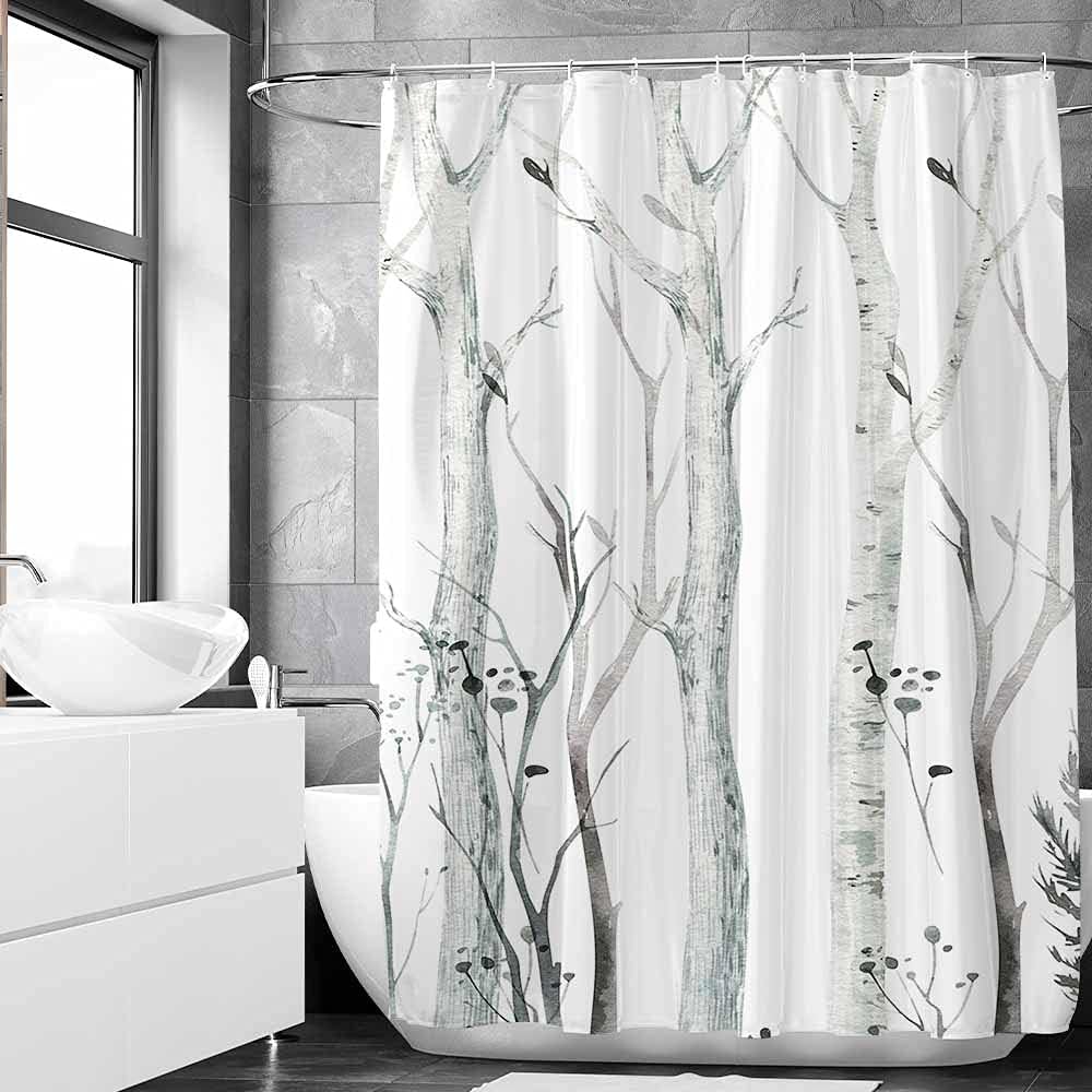 Watercolor Forest Birch Tree Rustic Woodland Branch Shower Curtain for an Abstract Nature Landscape Bath