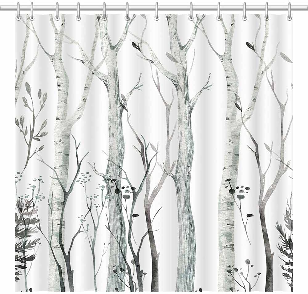 Watercolor Forest Birch Tree Rustic Woodland Branch Shower Curtain for an Abstract Nature Landscape Bath