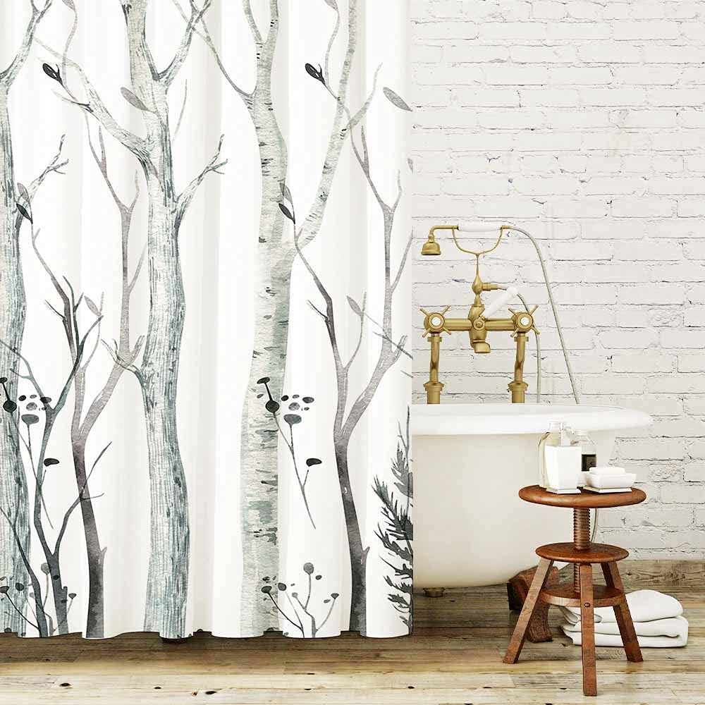 Watercolor Forest Birch Tree Rustic Woodland Branch Shower Curtain for an Abstract Nature Landscape Bath
