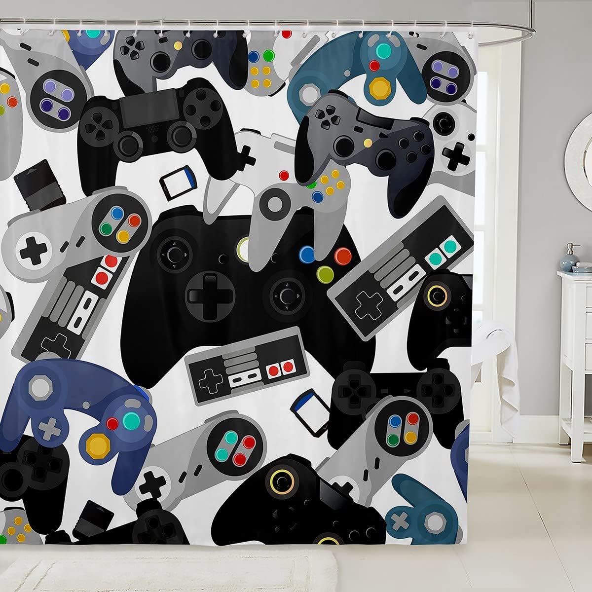 Watercolor Gamepad Shower Curtain - Red Blue White Black For Video Game Room