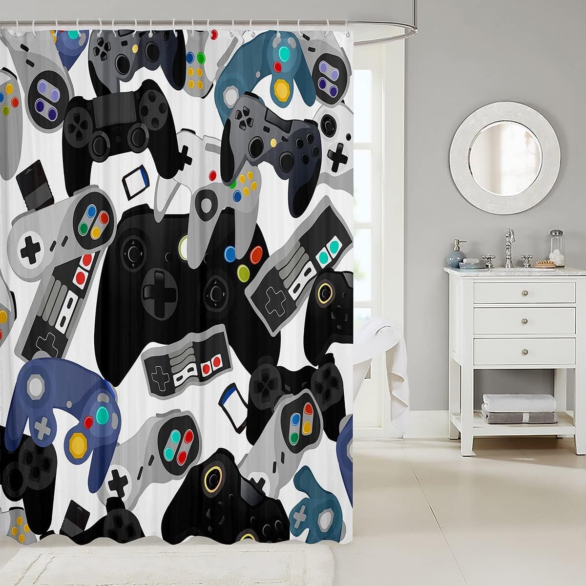 Watercolor Gamepad Shower Curtain - Red Blue White Black For Video Game Room