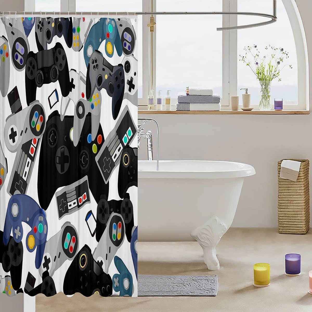 Watercolor Gamepad Shower Curtain - Red Blue White Black For Video Game Room