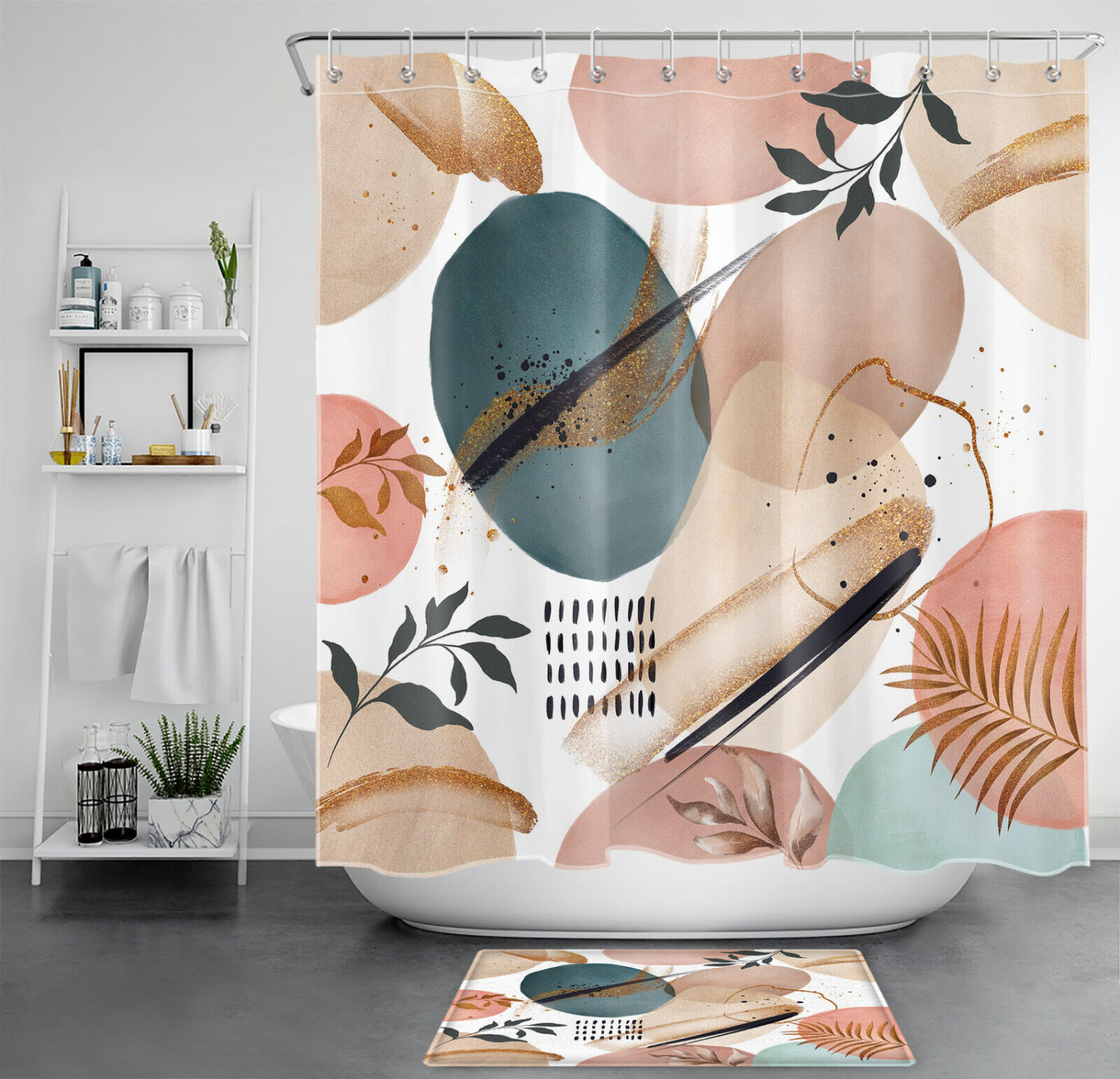 Watercolor Geometric Pattern Print Shower Curtain for Modern Art Bathroom Decor