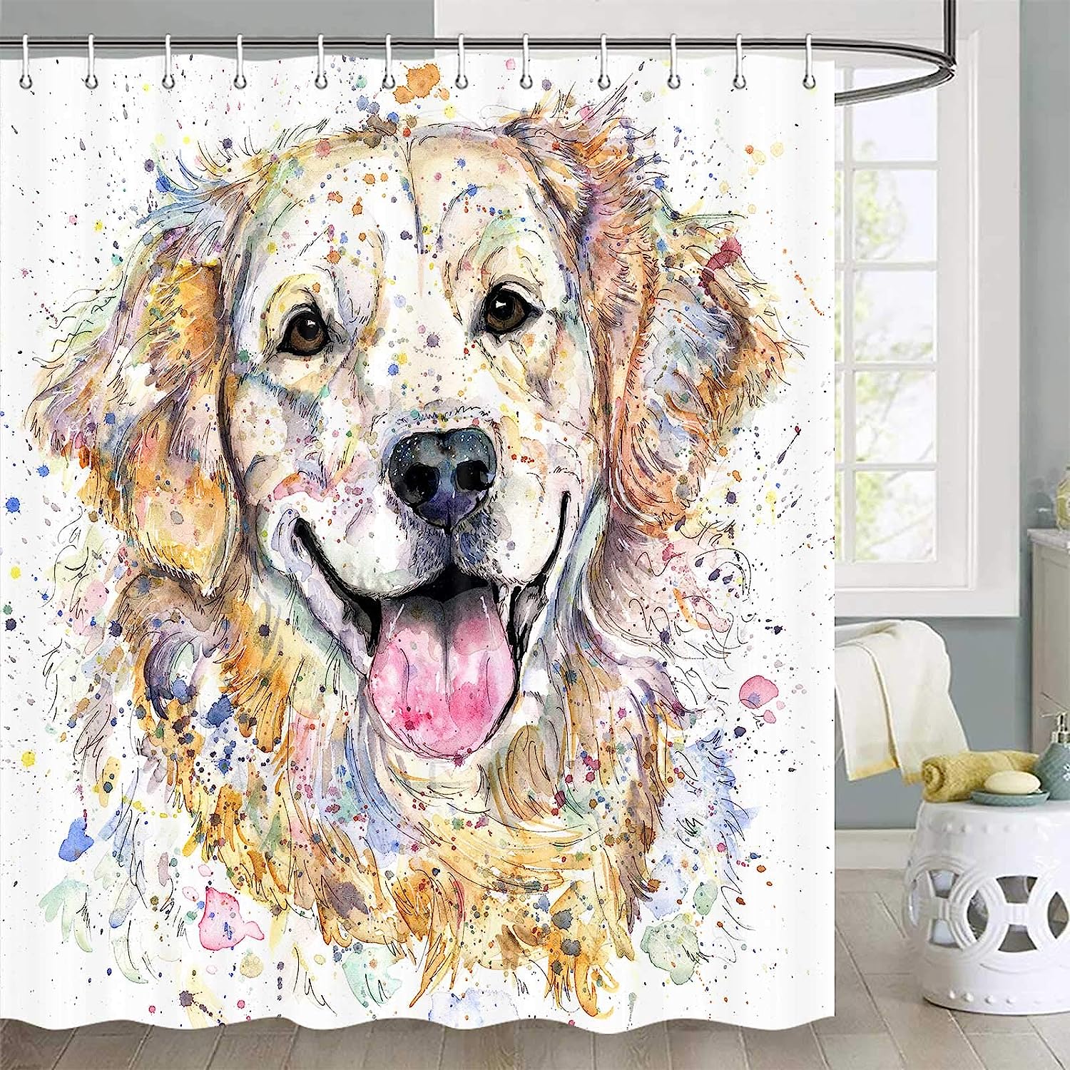 Watercolor Golden Retriever Shower Curtain, Cute Pet Dog Bathroom Decor