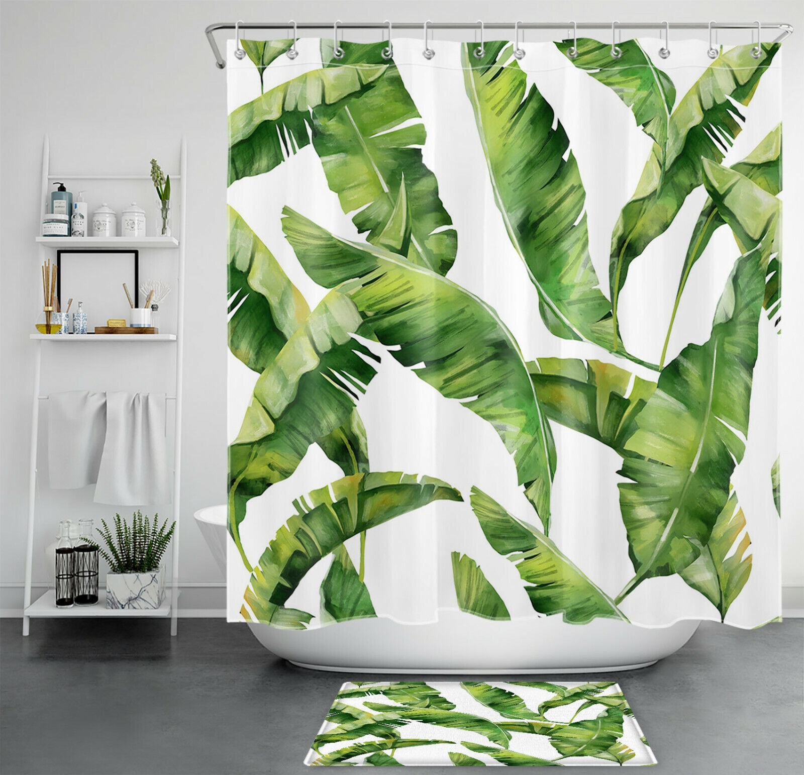 Watercolor Green Banana Leaves Shower Curtain, Refreshing and Tropical Bathroom Accessory