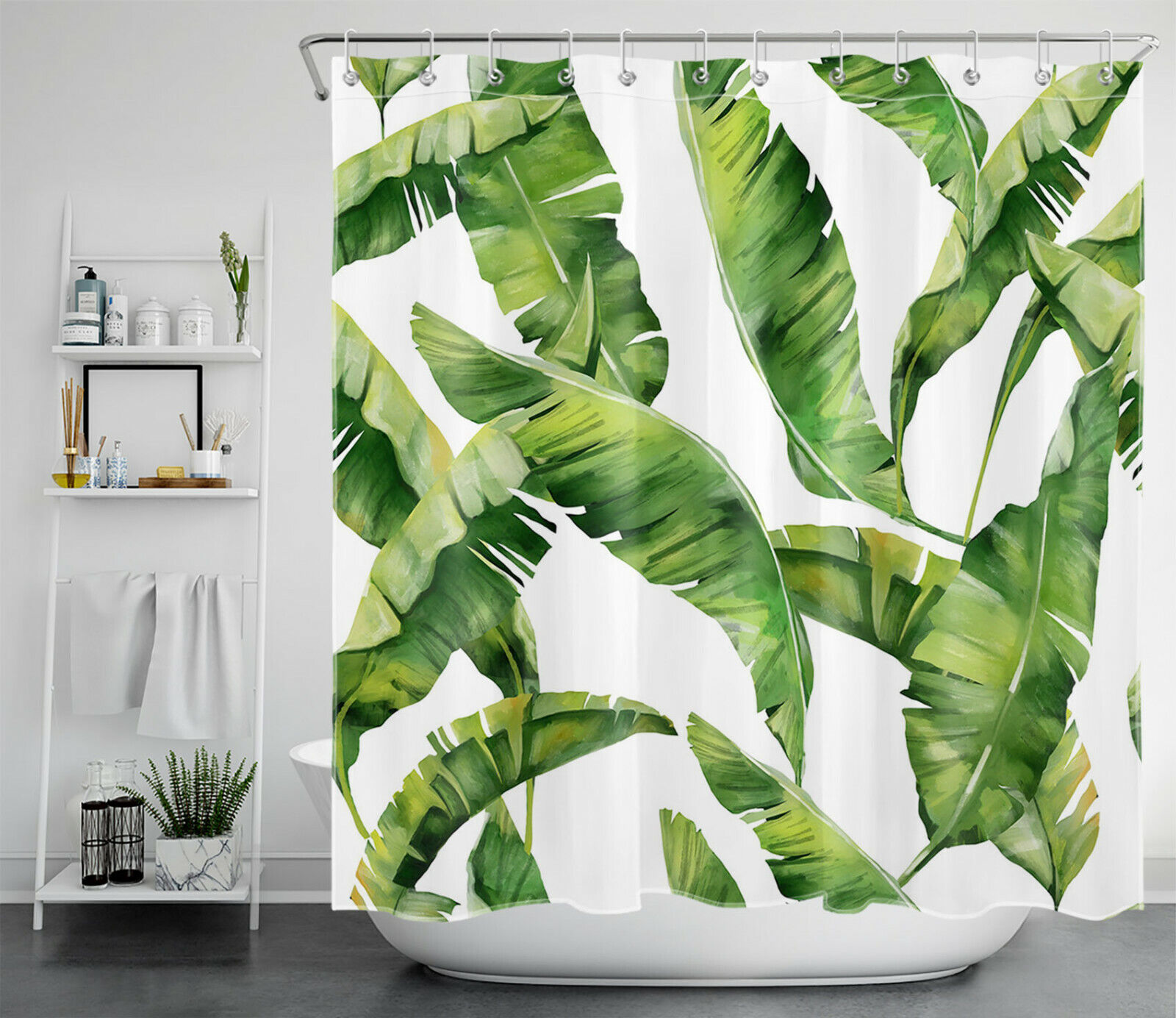 Watercolor Green Banana Leaves Shower Curtain, Refreshing and Tropical Bathroom Accessory