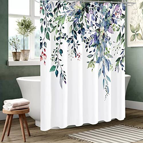 Watercolor Green Eucalyptus Shower Curtain, Floral Spring Bathroom Decor