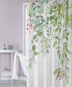 Watercolor Green Hanging Leaf Shower Curtain - Elegant and Refreshing Bathroom Decor - Waterproof Print Curtain