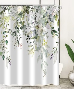 Watercolor Green Leaves And Floral Plants Garden Shower Curtain For Bathroom 
