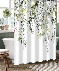 Watercolor Green Leaves And Floral Plants Garden Shower Curtain For Bathroom