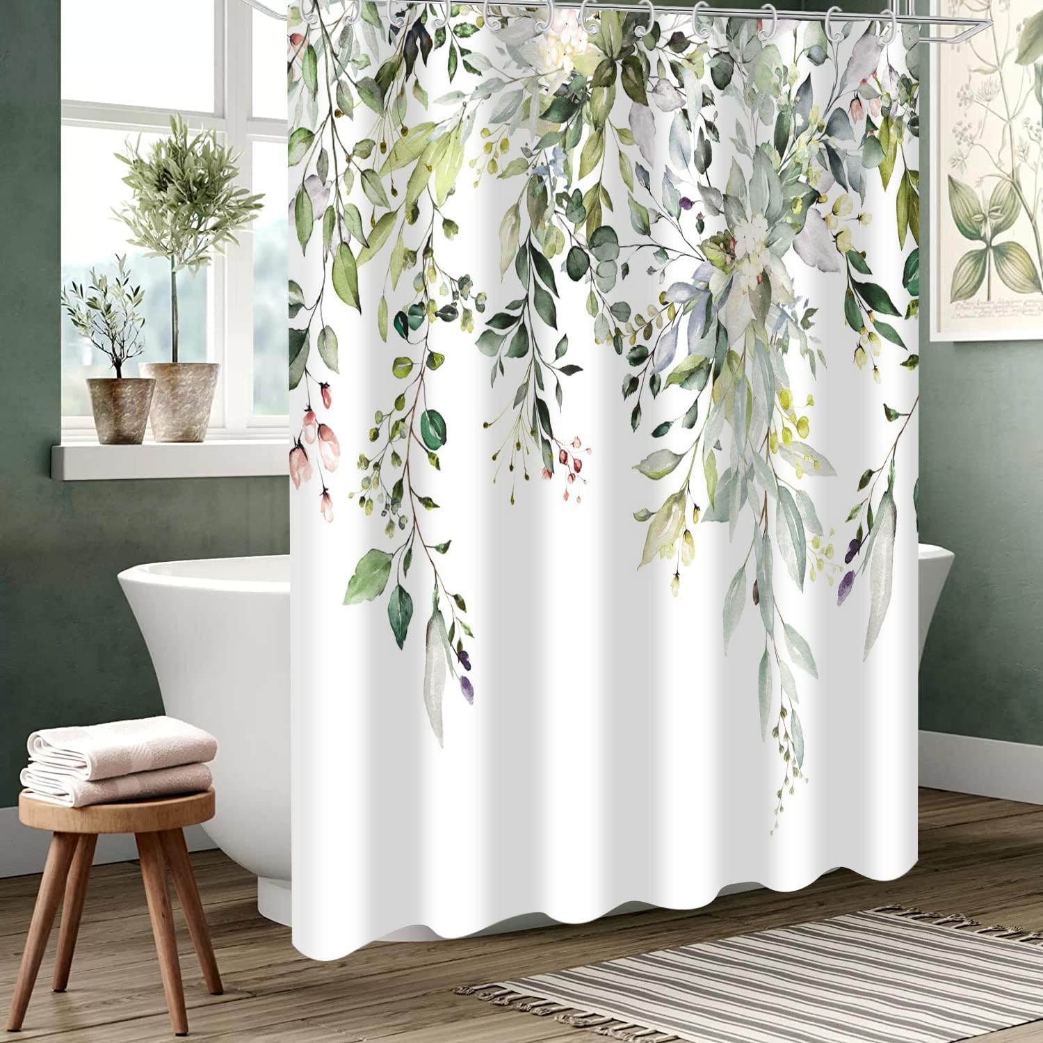 Watercolor Green Leaves And Floral Plants Garden Shower Curtain For Bathroom