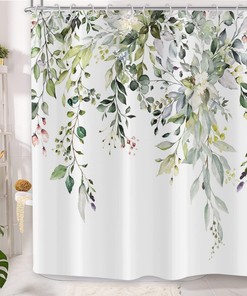 Watercolor Green Leaves And Floral Plants Garden Shower Curtain For Bathroom