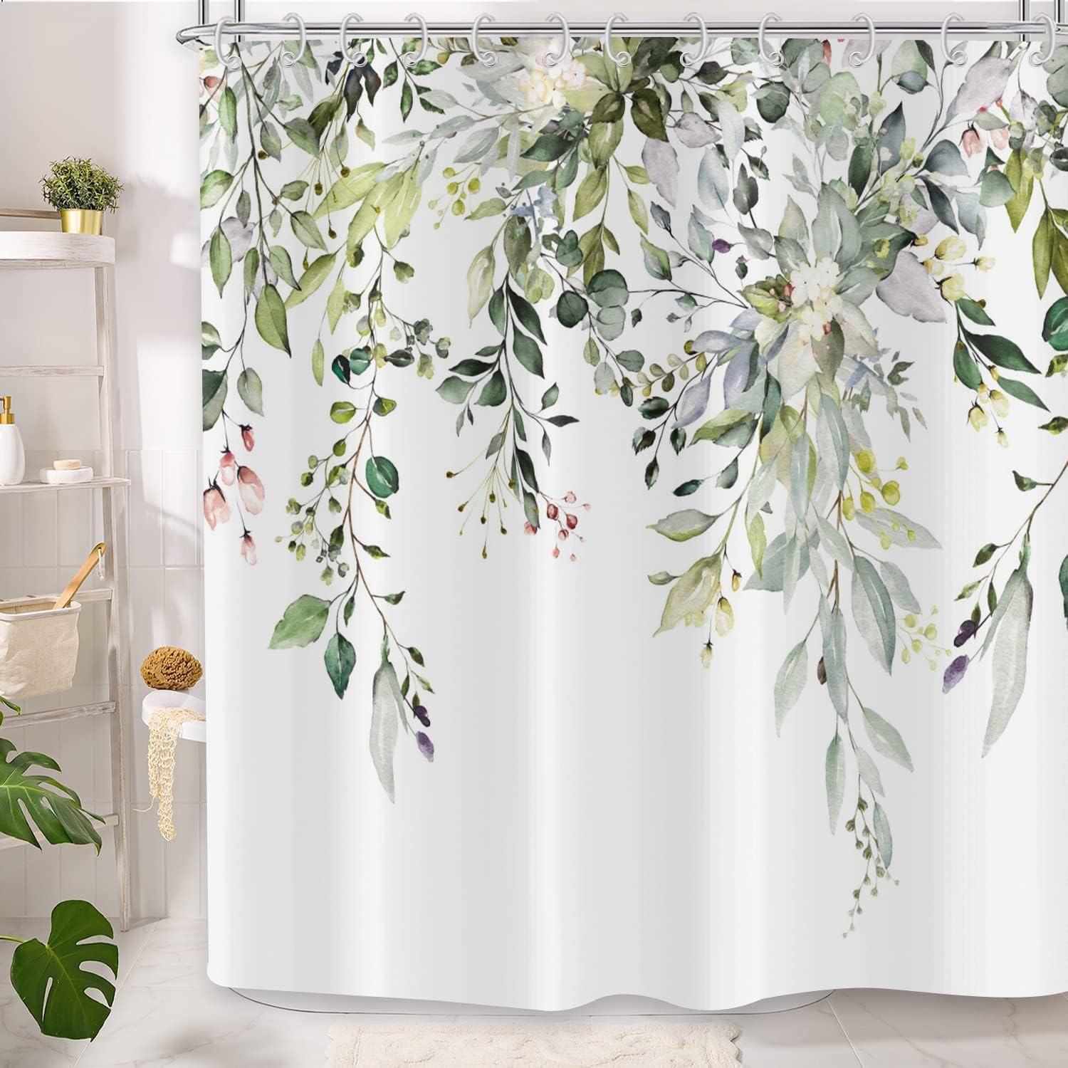 Watercolor Green Leaves And Floral Plants Garden Shower Curtain For Bathroom