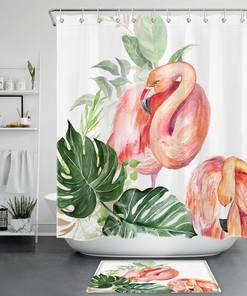 Watercolor Green Leaves Flamingo Shower Curtain for a Relaxing and Beachy Bathroom