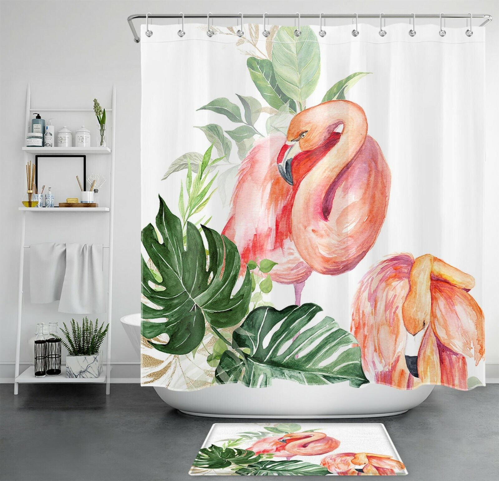 Watercolor Green Leaves Flamingo Shower Curtain for a Relaxing and Beachy Bathroom
