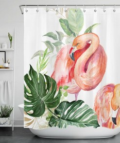 Watercolor Green Leaves Flamingo Shower Curtain for a Relaxing and Beachy Bathroom