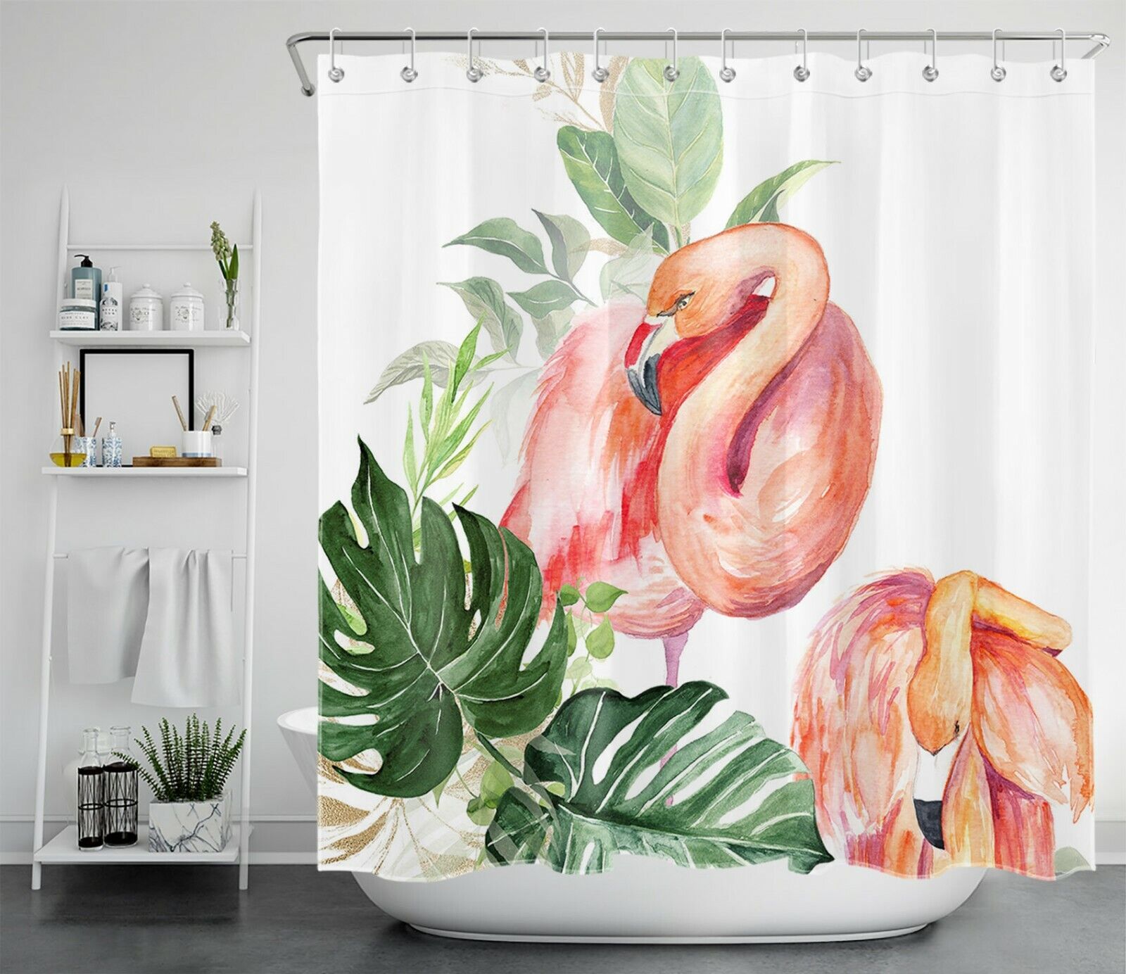 Watercolor Green Leaves Flamingo Shower Curtain for a Relaxing and Beachy Bathroom