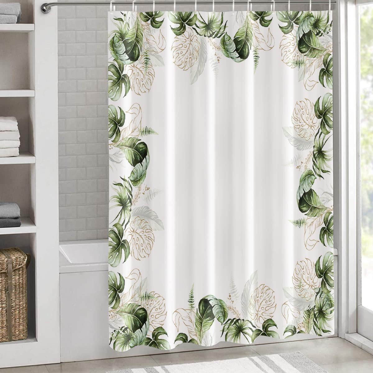 Watercolor Green Palm Tree Leaves Shower Curtain for a Relaxing and Modern Bathroom