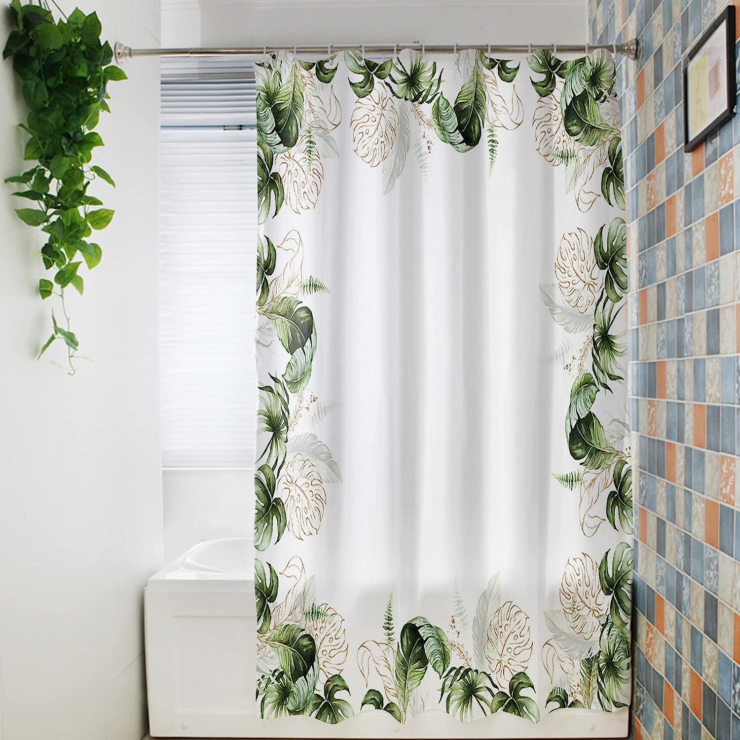 Watercolor Green Palm Tree Leaves Shower Curtain for a Relaxing and Modern Bathroom