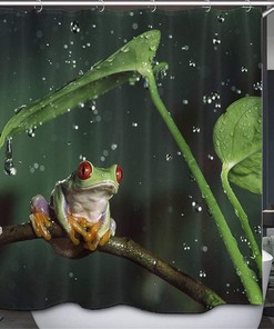 Watercolor Green Tree Frog On Rainy Branch Shower Curtain For Bathroom 