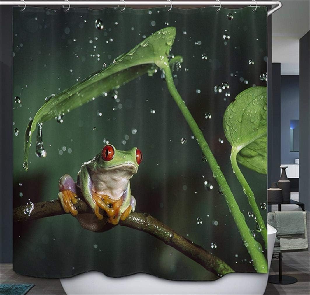 Watercolor Green Tree Frog On Rainy Branch Shower Curtain For Bathroom